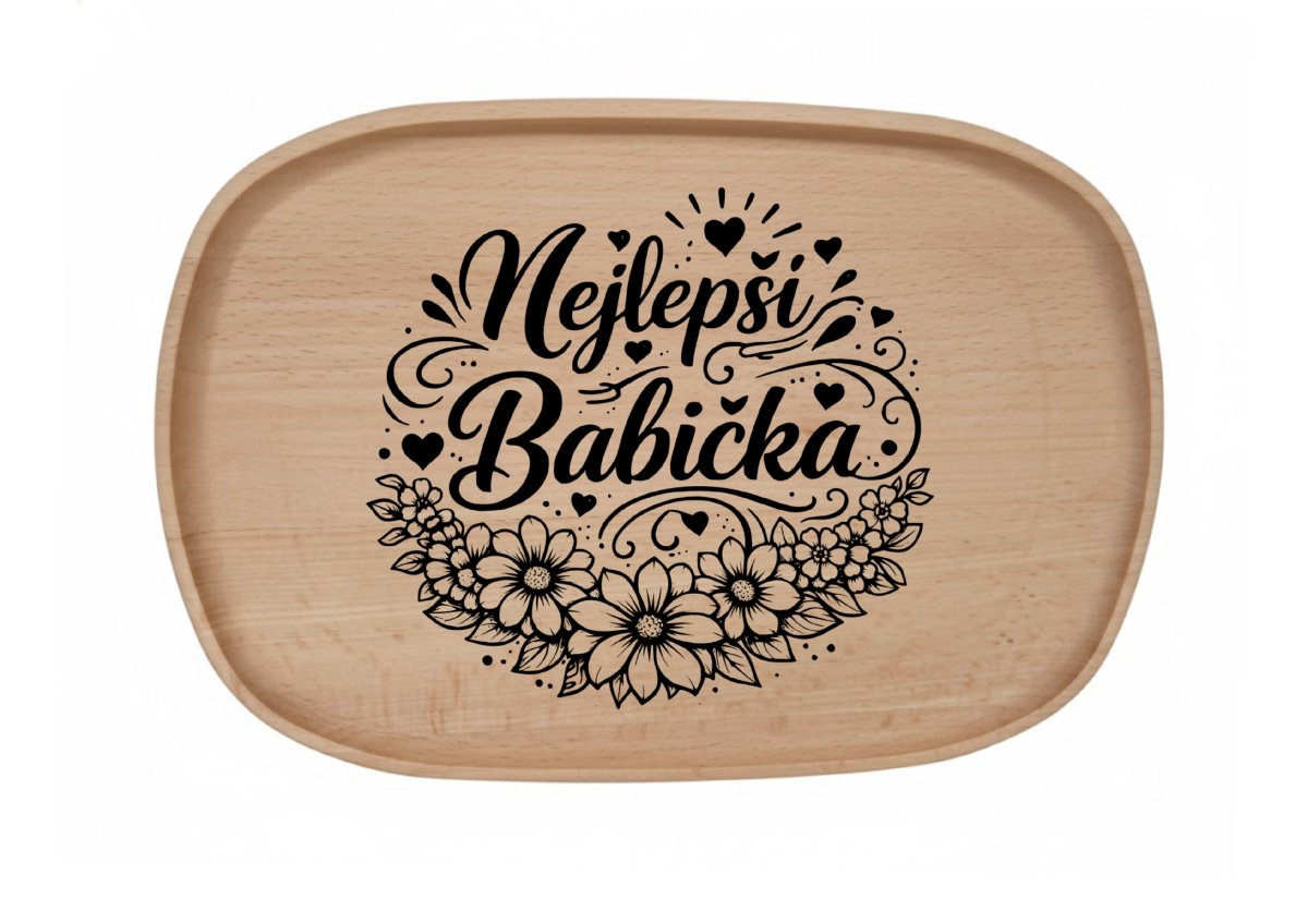 Dřevěný podnos z bukového masivu- Motiv láska a rodina — Babička