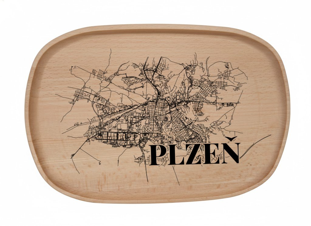 Dřevěný podnos z bukového masivu  - Motiv Mapy Měst Podnosy Města: Plzeň