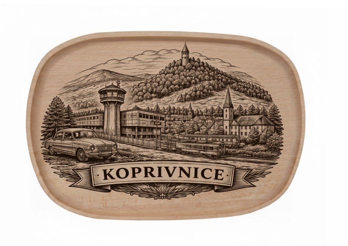 Dřevěný podnos z bukového masivu  - Motiv Města Podnosy Města: Kopřivnice