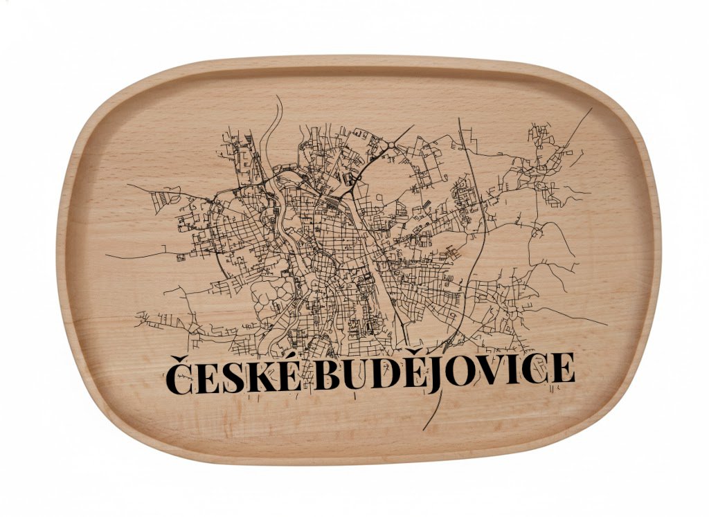 Dřevěný podnos z bukového masivu  - Motiv Mapy Měst Podnosy Města: České Budějovice