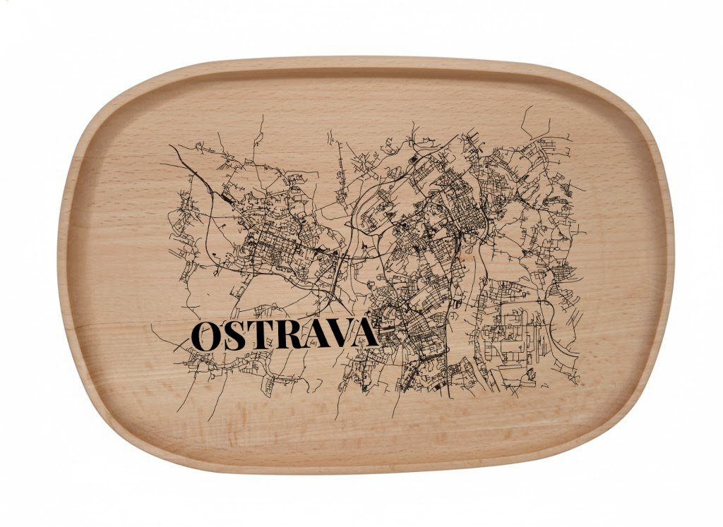 Dřevěný podnos z bukového masivu  - Motiv Mapy Měst Podnosy Města: Ostrava