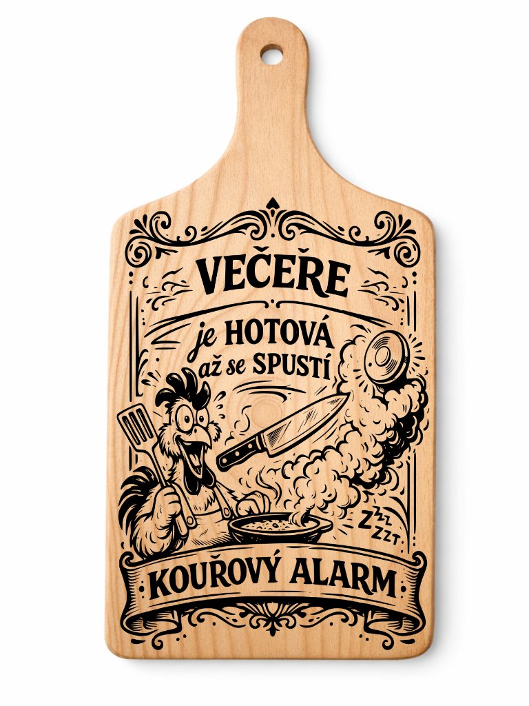 Dřevěné prkénko s vtipným gravírováním — Vecere Alarm