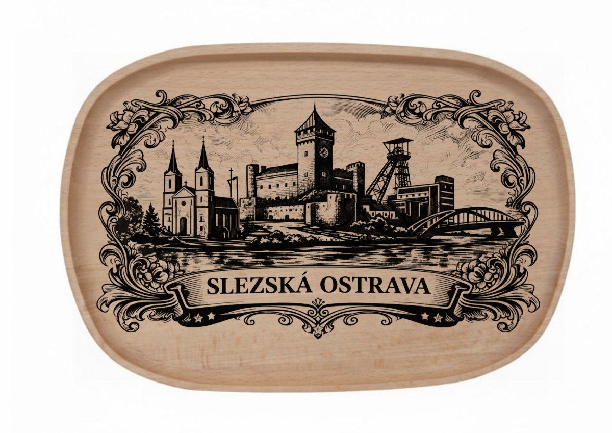Dřevěný podnos z bukového masivu  - Motiv Města Podnosy Města: Slezská Ostrava